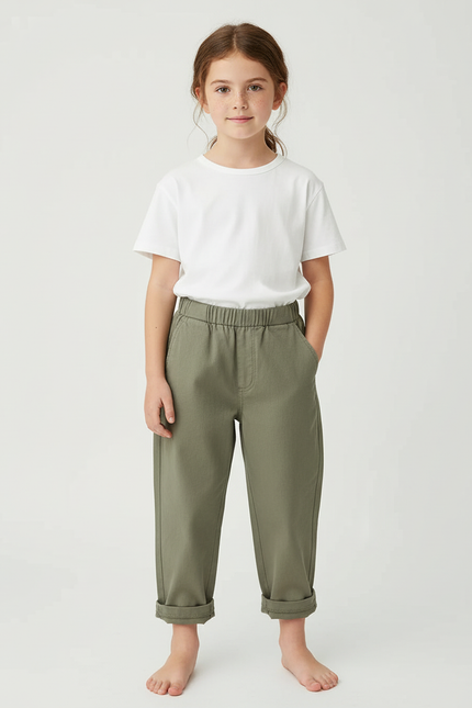 Pantalon Chino Vert Olive Coton Ample Enfant - Kaki