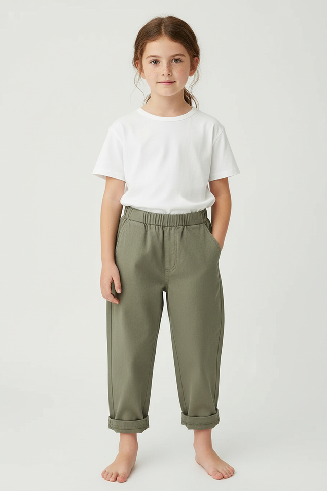 Pantalon Chino Vert Olive Coton Ample Enfant - Kaki