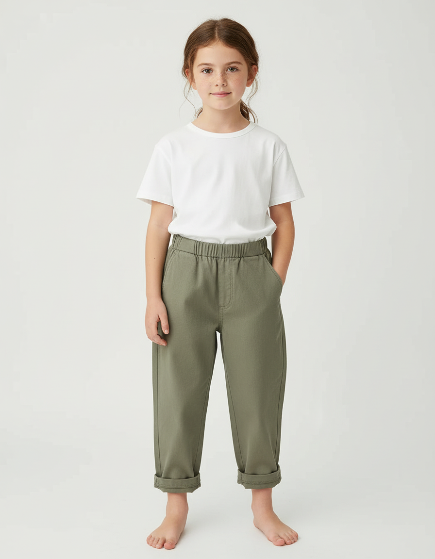 Pantalon Chino Vert Olive Coton Ample Enfant - Kaki