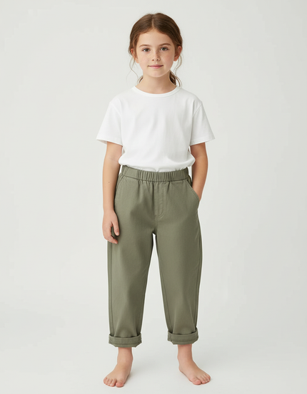 Pantalon Chino Vert Olive Coton Ample Enfant - Kaki
