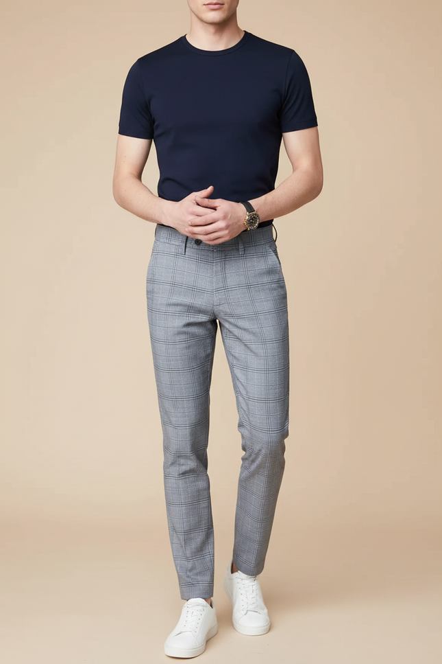Pantalon Chino Homme Carreaux Gris Slim Élégant - Polyester