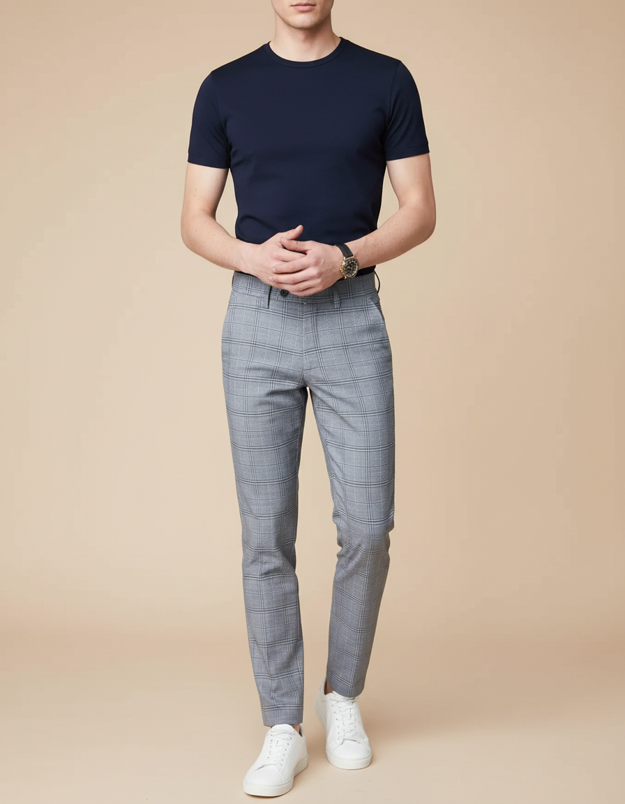 Pantalon Chino Homme Carreaux Gris Slim Élégant - Polyester