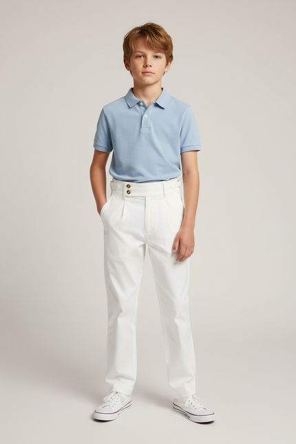 Pantalon Chino Blanc Taille Haute Décontracté Enfant - Coton