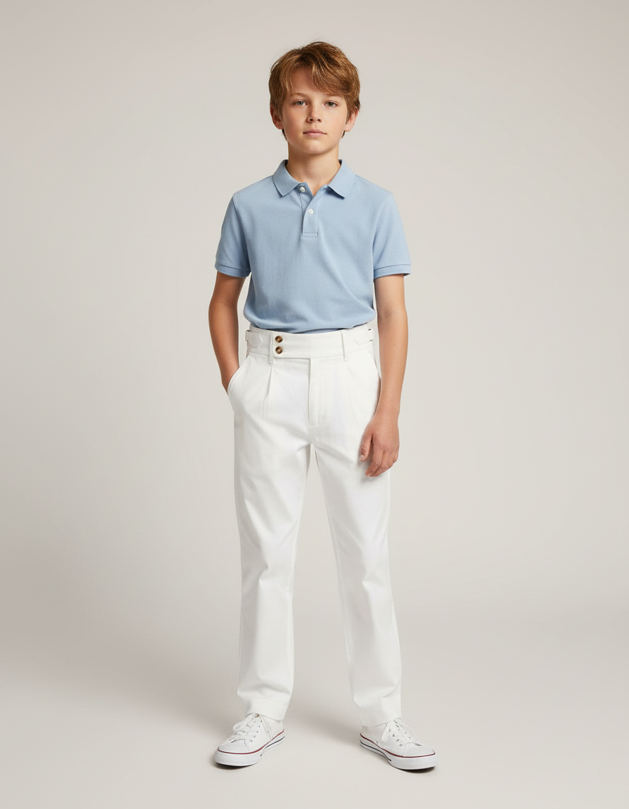 Pantalon Chino Blanc Taille Haute Décontracté Enfant - Coton