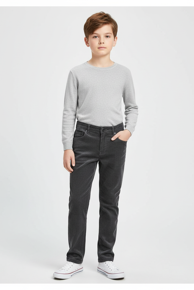 Pantalon Chino Gris Côtelé Droit Enfant Décontracté Confortable - Cordé