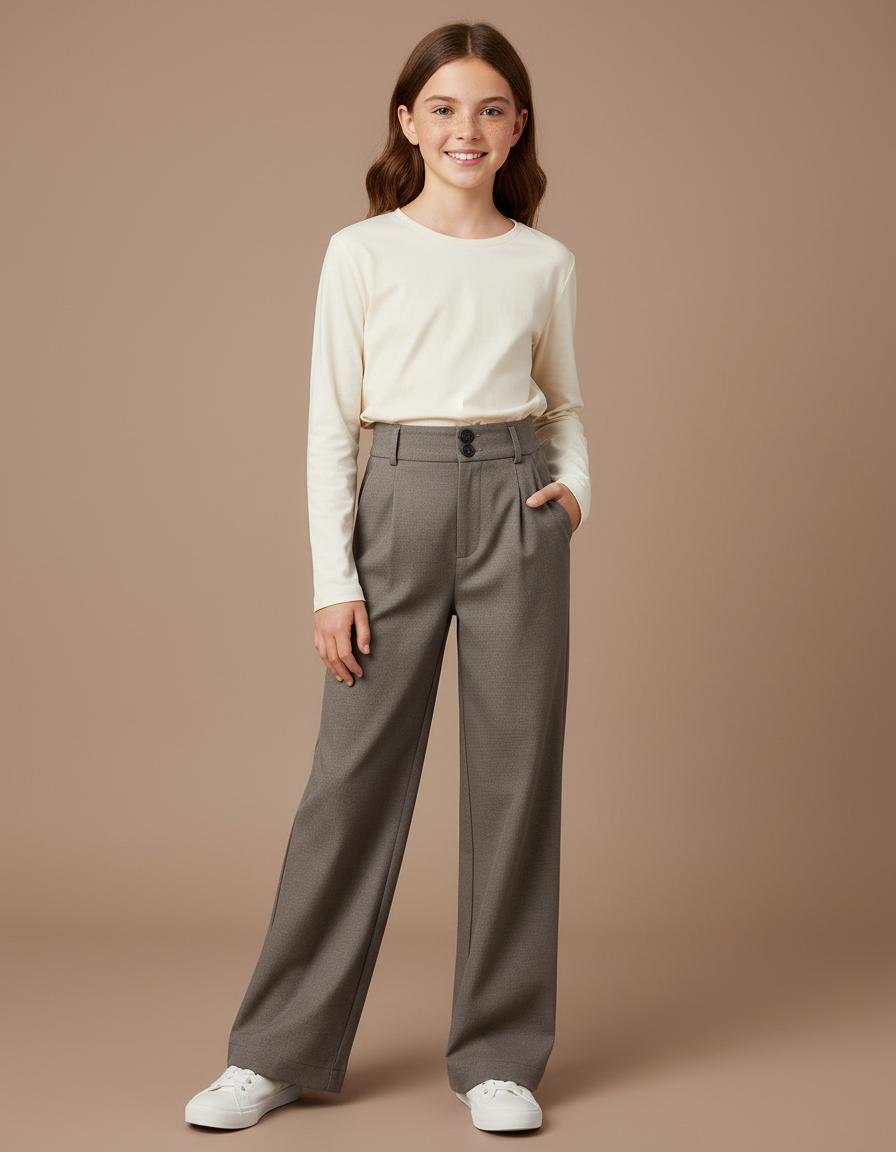 Pantalon Chino Gris Droit Taille Haute Laine