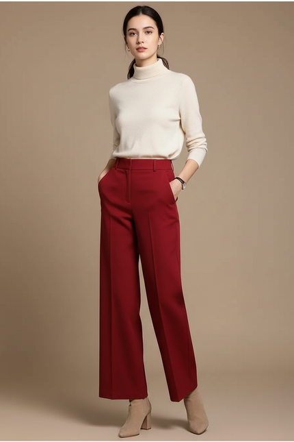 Pantalon Chino Rouge Taille Haute Ample Élégant - Gabardine