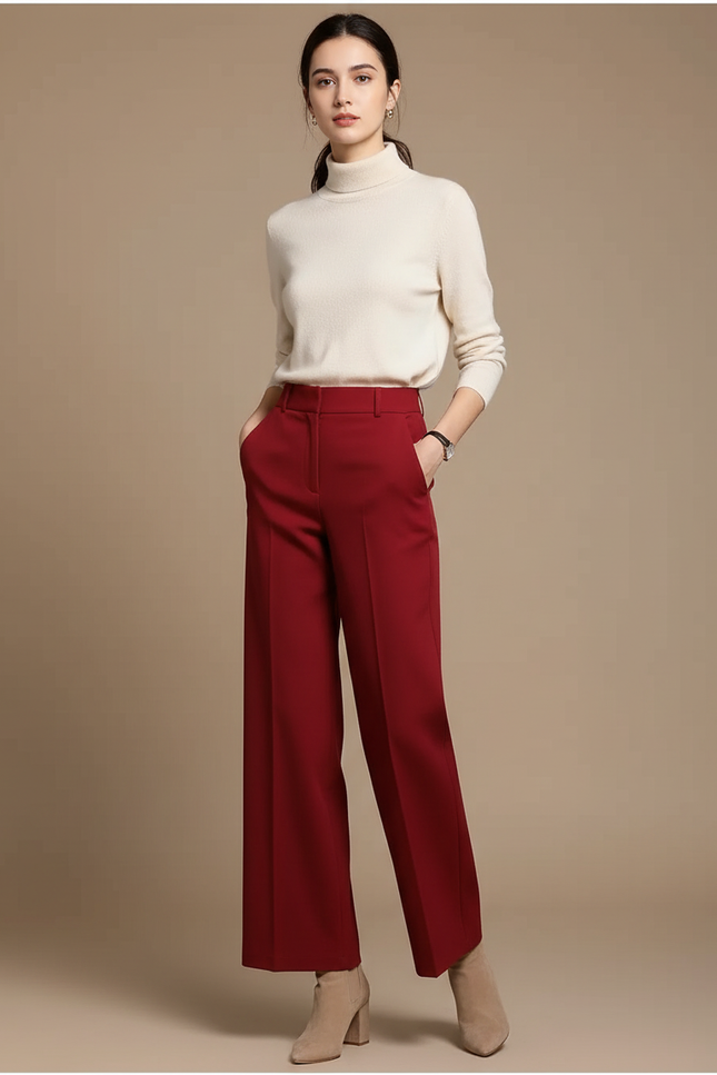 Pantalon Chino Rouge Taille Haute Ample Élégant - Gabardine