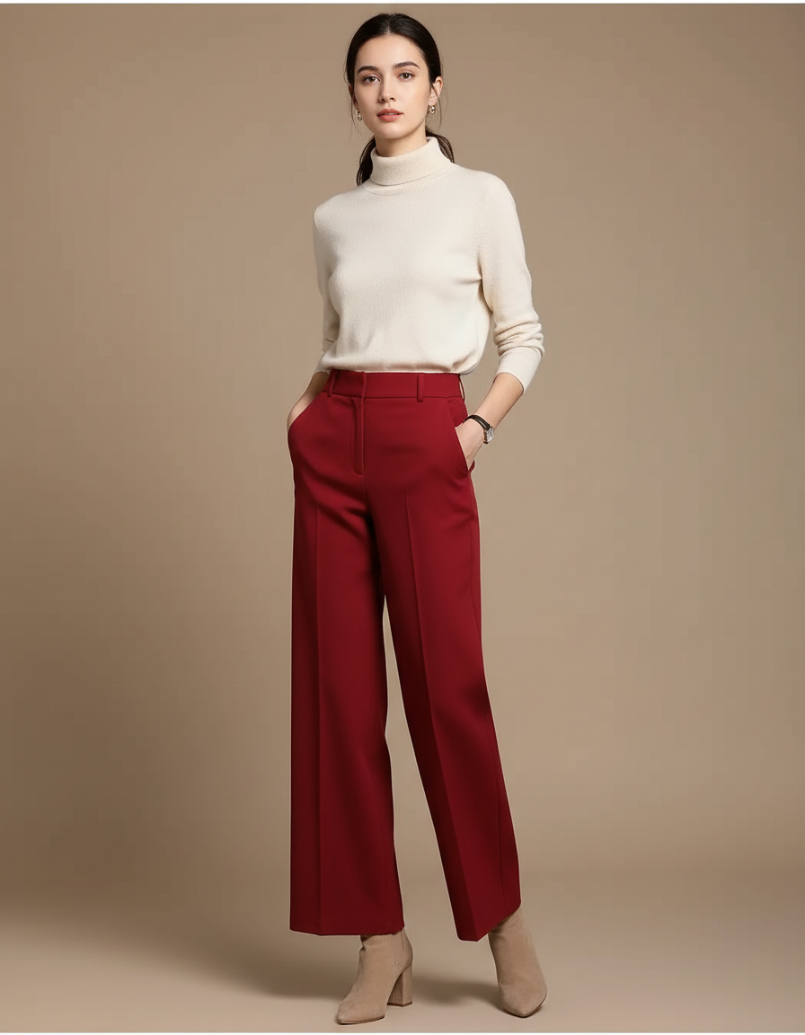 Pantalon Chino Rouge Taille Haute Ample Élégant - Gabardine
