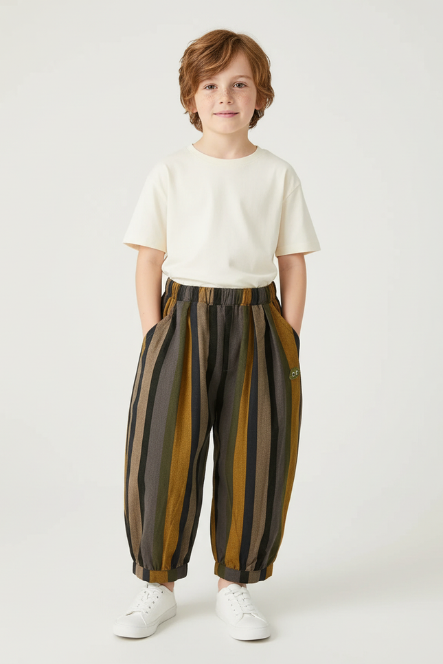 Pantalon Chino Rayé Ample Élastiqué Enfant - Multicolore Lin