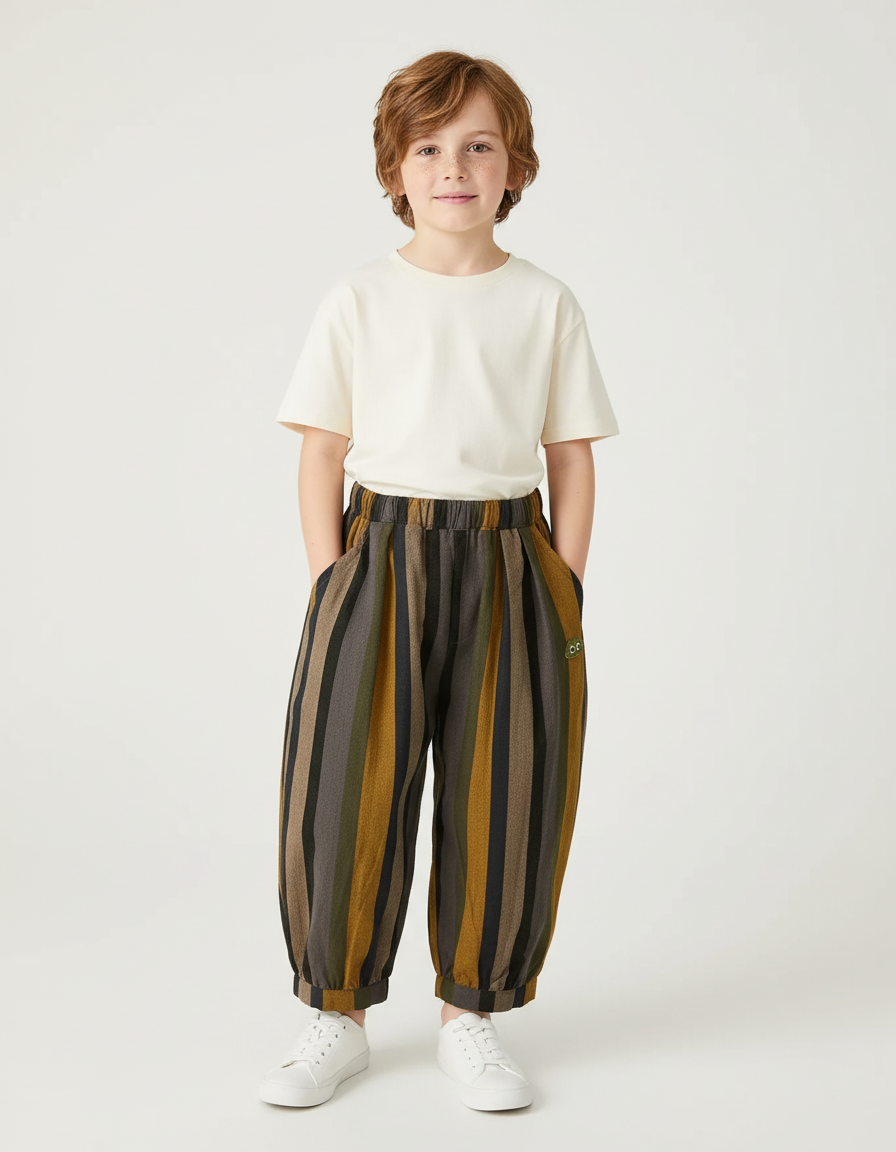 Pantalon Chino Rayé Ample Élastiqué Enfant - Multicolore Lin