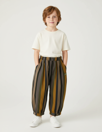Pantalon Chino Rayé Ample Élastiqué Enfant - Multicolore Lin