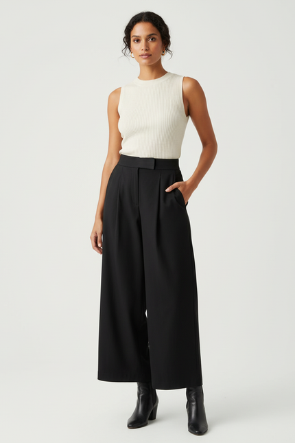 Pantalon Chino Noir Ample Plissé Fluide Femme - Polyester