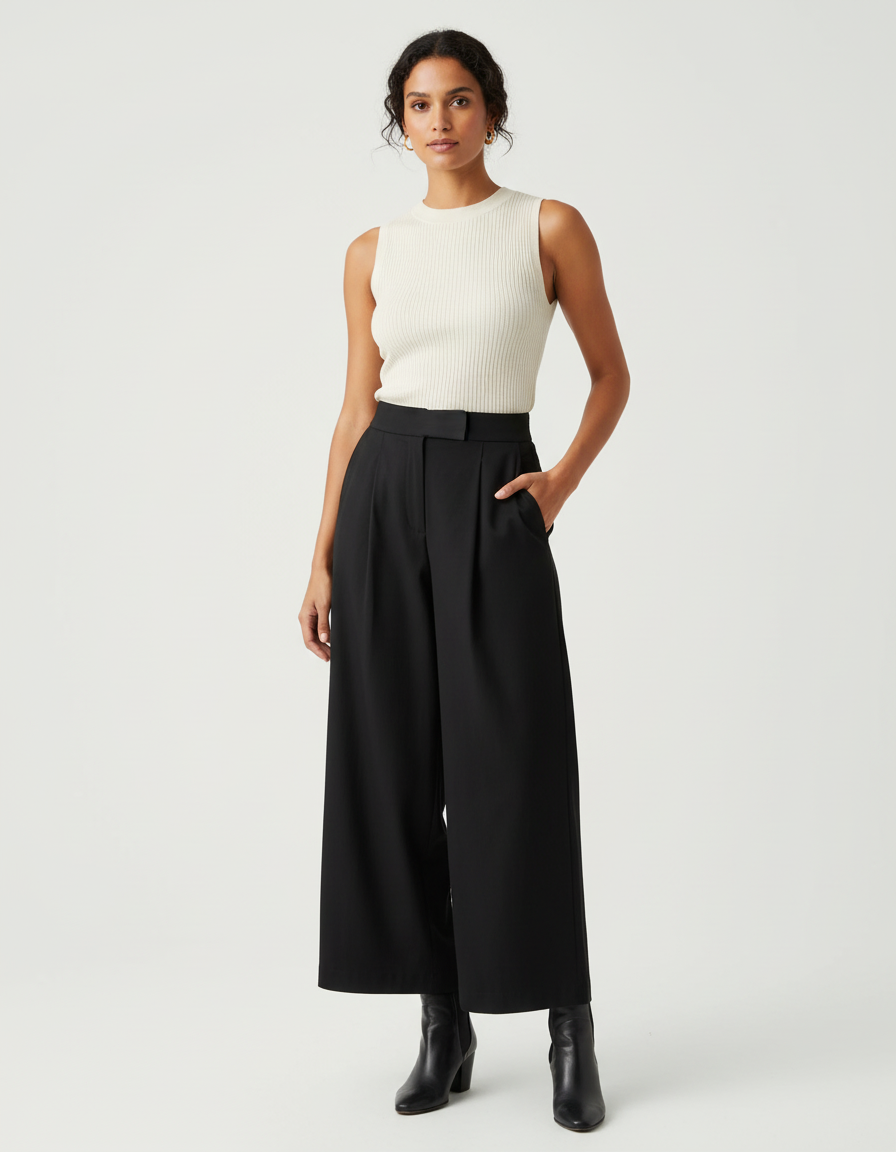 Pantalon Chino Noir Ample Plissé Fluide Femme - Polyester
