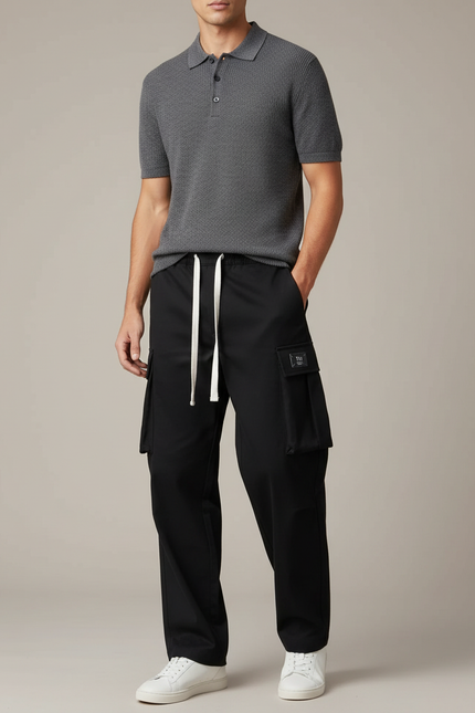 Pantalon Chino Noir Cargo Ample Décontracté Cordon - Polyester