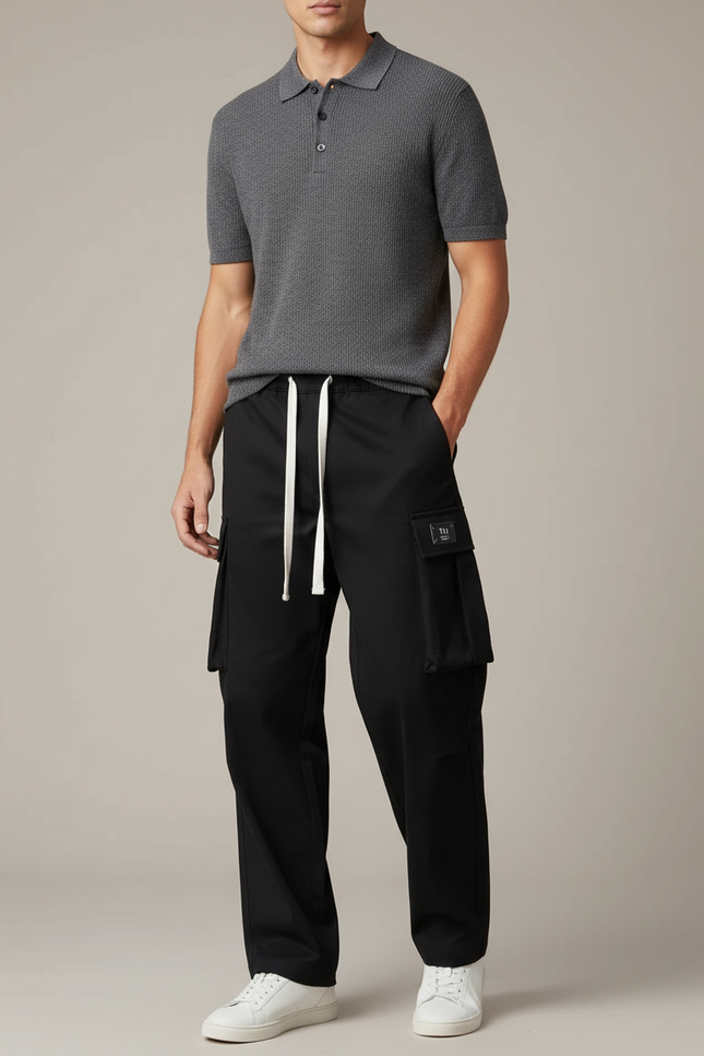 Pantalon Chino Noir Cargo Ample Décontracté Cordon - Polyester