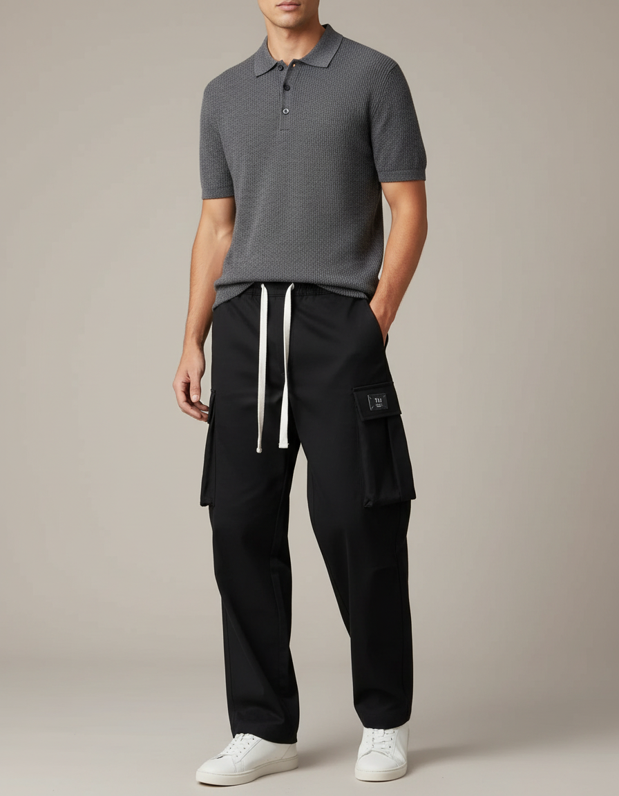 Pantalon Chino Noir Cargo Ample Décontracté Cordon - Polyester