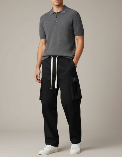 Pantalon Chino Noir Cargo Ample Décontracté Cordon - Polyester