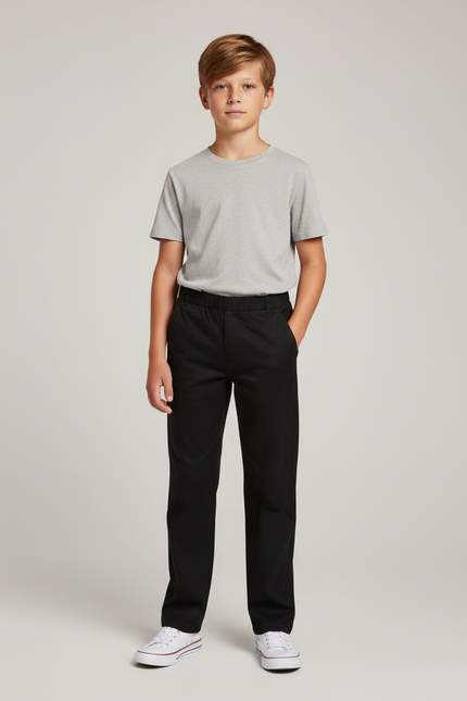 Pantalon Chino Noir Coton Élastique Garçon Droit