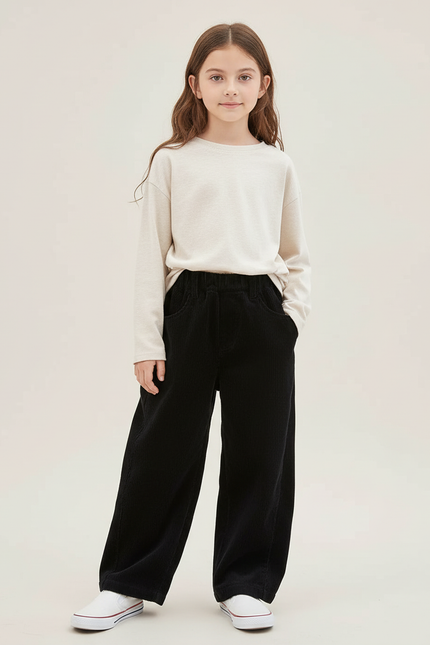 Pantalon Chino Noir Côtelé Ample Décontracté Enfant - Cordé