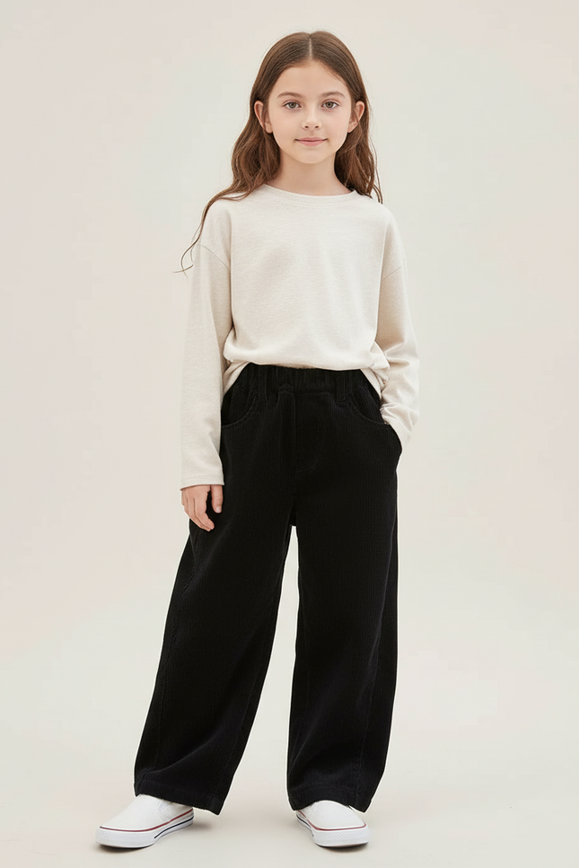 Pantalon Chino Noir Côtelé Ample Décontracté Enfant - Cordé