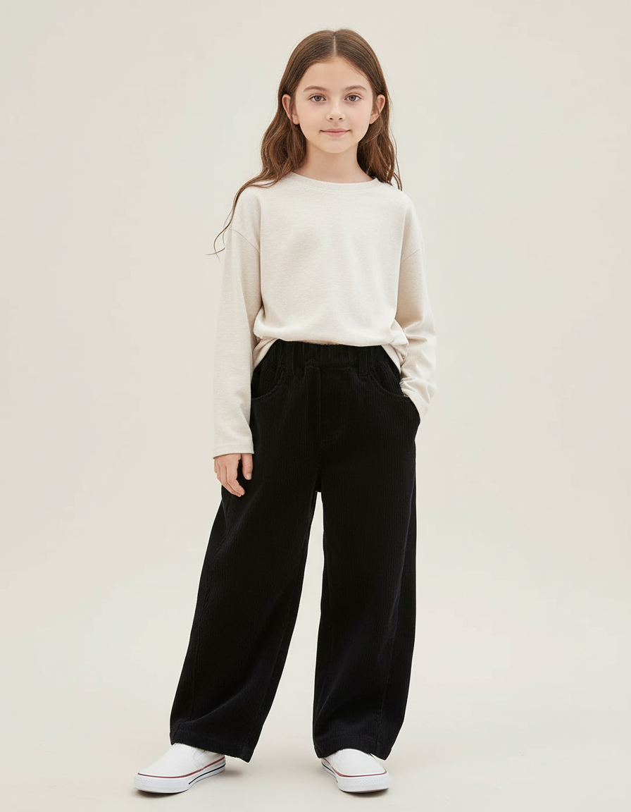 Pantalon Chino Noir Côtelé Ample Décontracté Enfant - Cordé