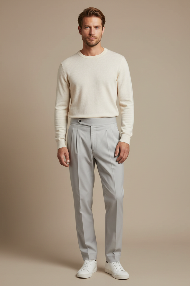 Pantalon Chino Gris Clair Plissé Élégant Homme - Polyester