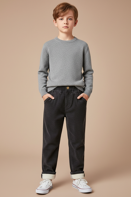 Pantalon Chino Noir Côtelé Doublé Chaud Enfant - Cordé