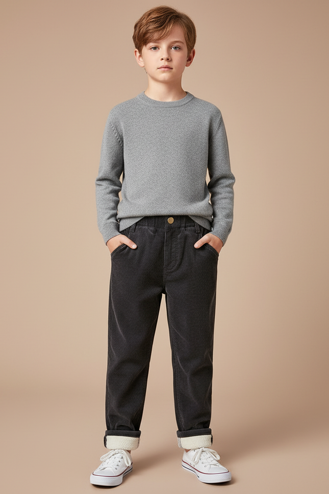 Pantalon Chino Noir Côtelé Doublé Chaud Enfant - Cordé