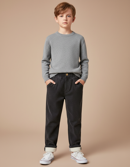 Pantalon Chino Noir Côtelé Doublé Chaud Enfant - Cordé