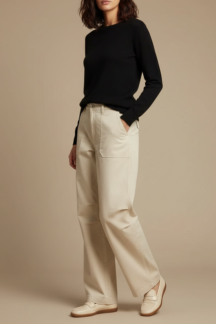 Pantalon Chino Beige Coton Ample Décontracté Femme