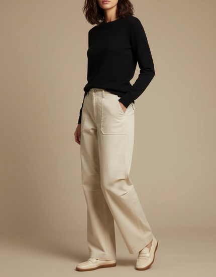 Pantalon Chino Beige Coton Ample Décontracté Femme