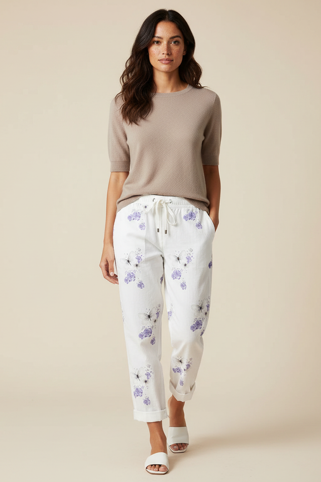 Pantalon Chino Blanc Lin Imprimé Papillons Fluide Femme