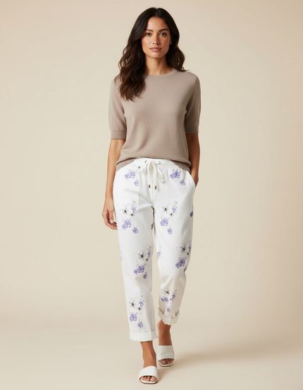Pantalon Chino Blanc Lin Imprimé Papillons Fluide Femme
