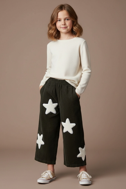 Pantalon Chino Vert Côtelé Étoiles Blanches Ample - Cordé