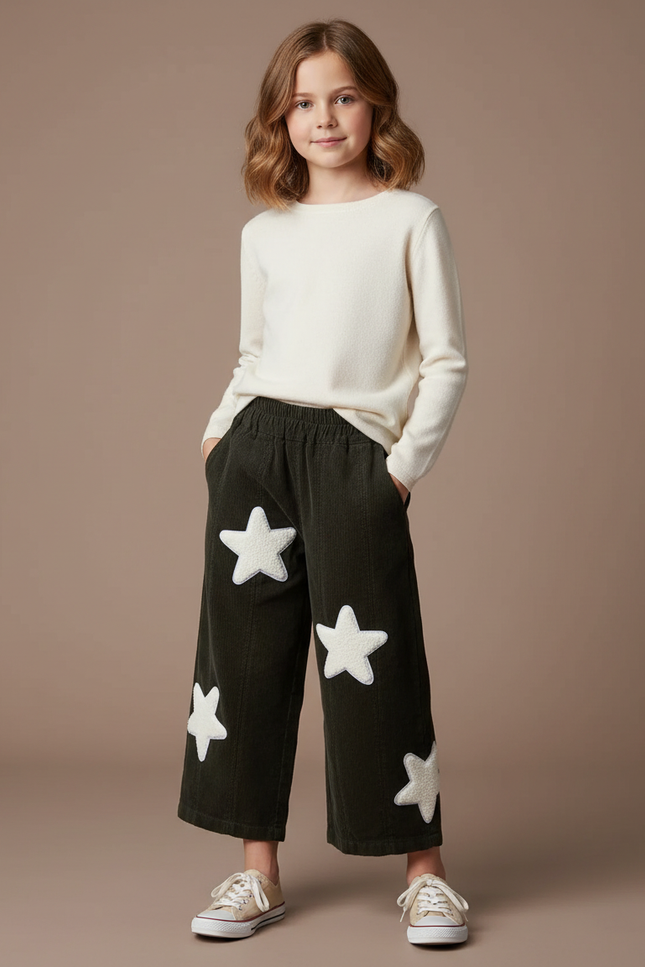 Pantalon Chino Vert Côtelé Étoiles Blanches Ample - Cordé