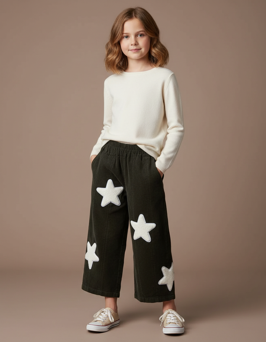 Pantalon Chino Vert Côtelé Étoiles Blanches Ample - Cordé
