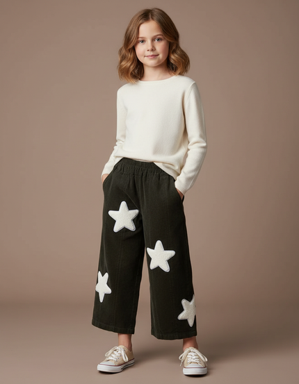 Pantalon Chino Vert Côtelé Étoiles Blanches Ample - Cordé