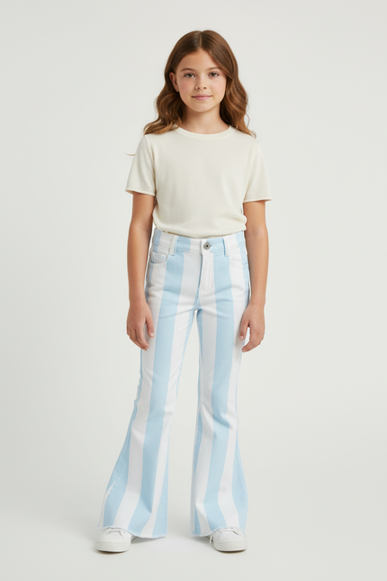 Pantalon Chino Rayé Bleu Blanc Évasé Enfant - Multicolore Coton