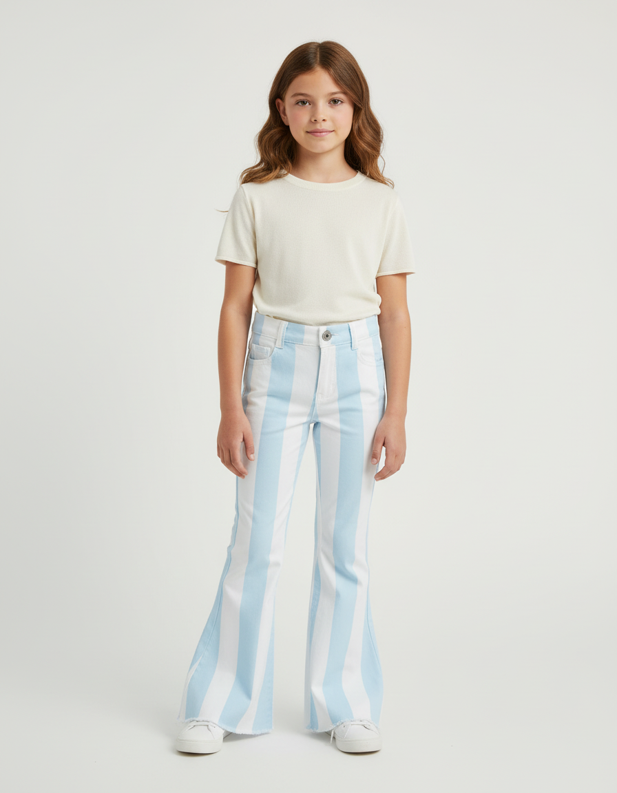 Pantalon Chino Rayé Bleu Blanc Évasé Enfant - Multicolore Coton