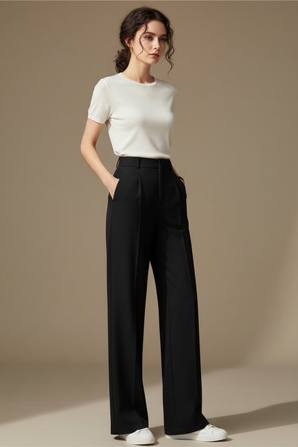 Pantalon Chino Noir Ample Fluide Taille Haute - Polyester