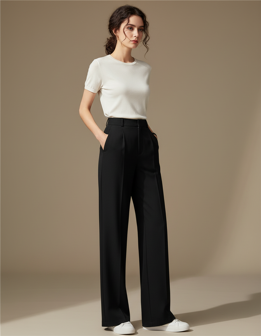 Pantalon Chino Noir Ample Fluide Taille Haute - Polyester