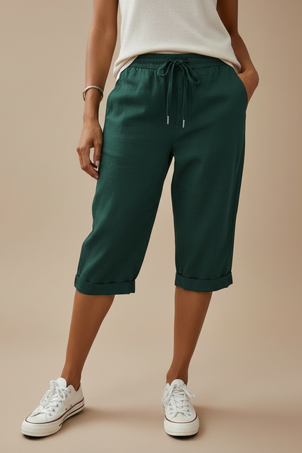 Pantalon Chino Vert Foncé Lin Cordon Décontracté Femme