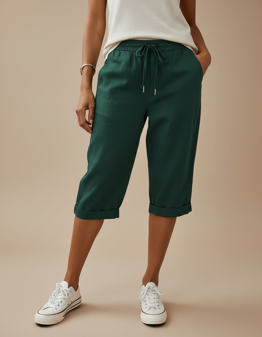 Pantalon Chino Vert Foncé Lin Cordon Décontracté Femme
