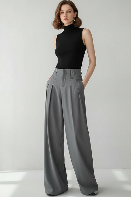 Pantalon Chino Gris Taille Haute Plissé Ample Femme - Gabardine