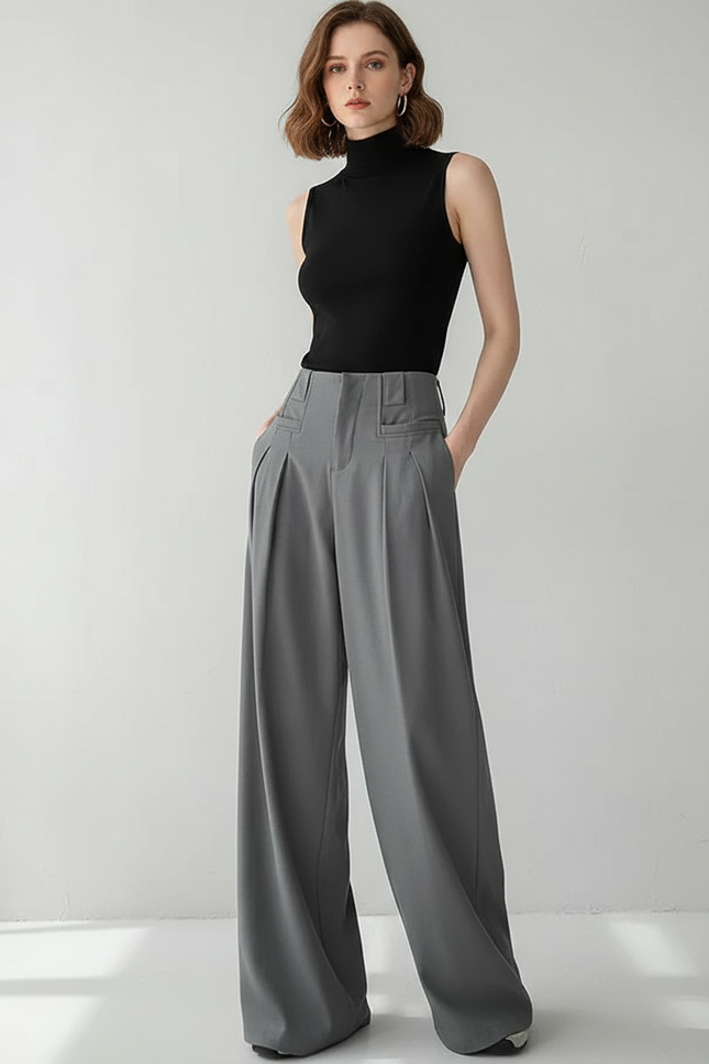 Pantalon Chino Gris Taille Haute Plissé Ample Femme - Gabardine