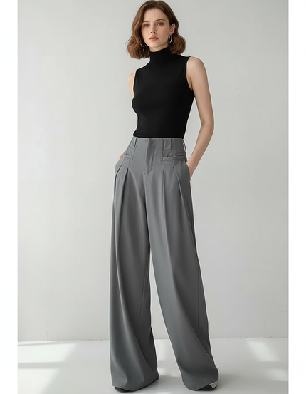 Pantalon Chino Gris Taille Haute Plissé Ample Femme - Gabardine