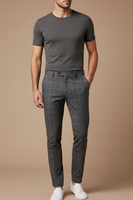 Pantalon Chino Homme Gris À Carreaux Slim Élégant - Gabardine