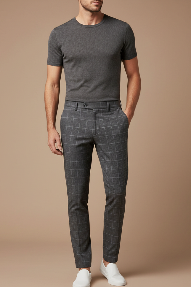 Pantalon Chino Homme Gris À Carreaux Slim Élégant - Gabardine