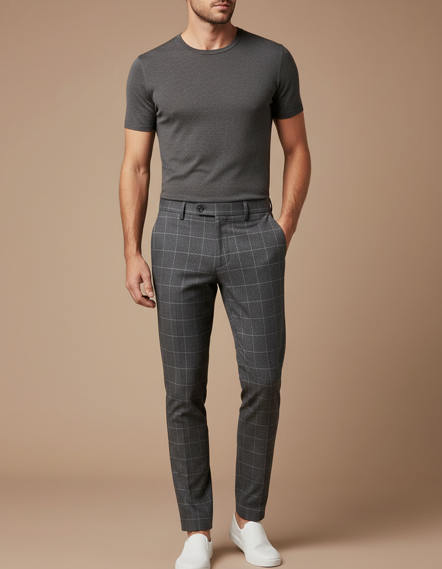 Pantalon Chino Homme Gris À Carreaux Slim Élégant - Gabardine